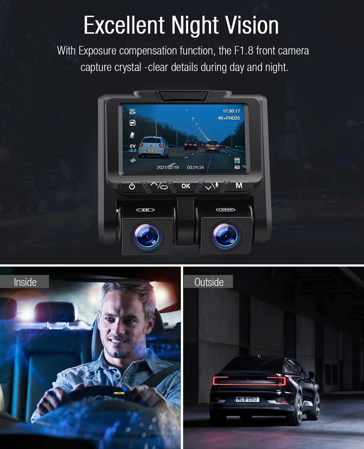 4K Dash Camera  TOGUARD 4K+1080P Dash Cam Front and Inside 3" LCD Screen Car Camera Loop Recording Parking Mode G-Sensor