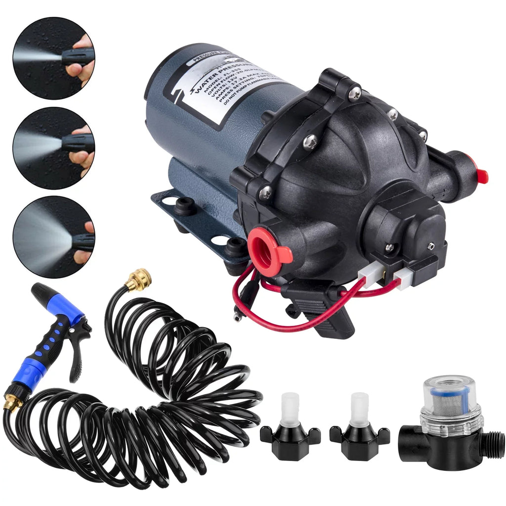 BENTISM RV Water Pump 5.3 GPM 5.5 Gallons Per Minute 12V Water Pump Automatic 70 PSI Diaphragm Pump with 25 Foot Coiled Hose Washdown Pumps for Boats Caravan Rv Marine Yacht
