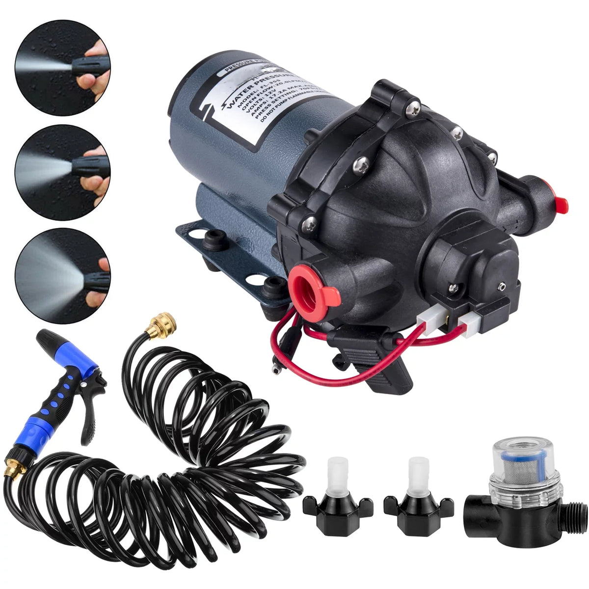 BENTISM RV Water Pump 5.3 GPM 5.5 Gallons Per Minute 12V Water Pump Automatic 70 PSI Diaphragm Pump with 25 Foot Coiled Hose Washdown Pumps for Boats Caravan Rv Marine Yacht