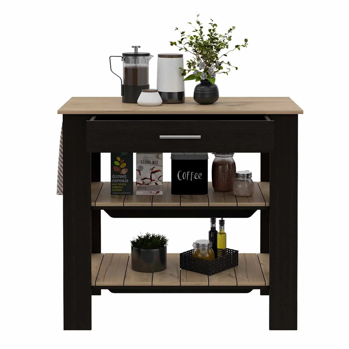 Boahaus Reims Kitchen Island, Assembled Product Height 37 in, ebony Wengue / Light Oak