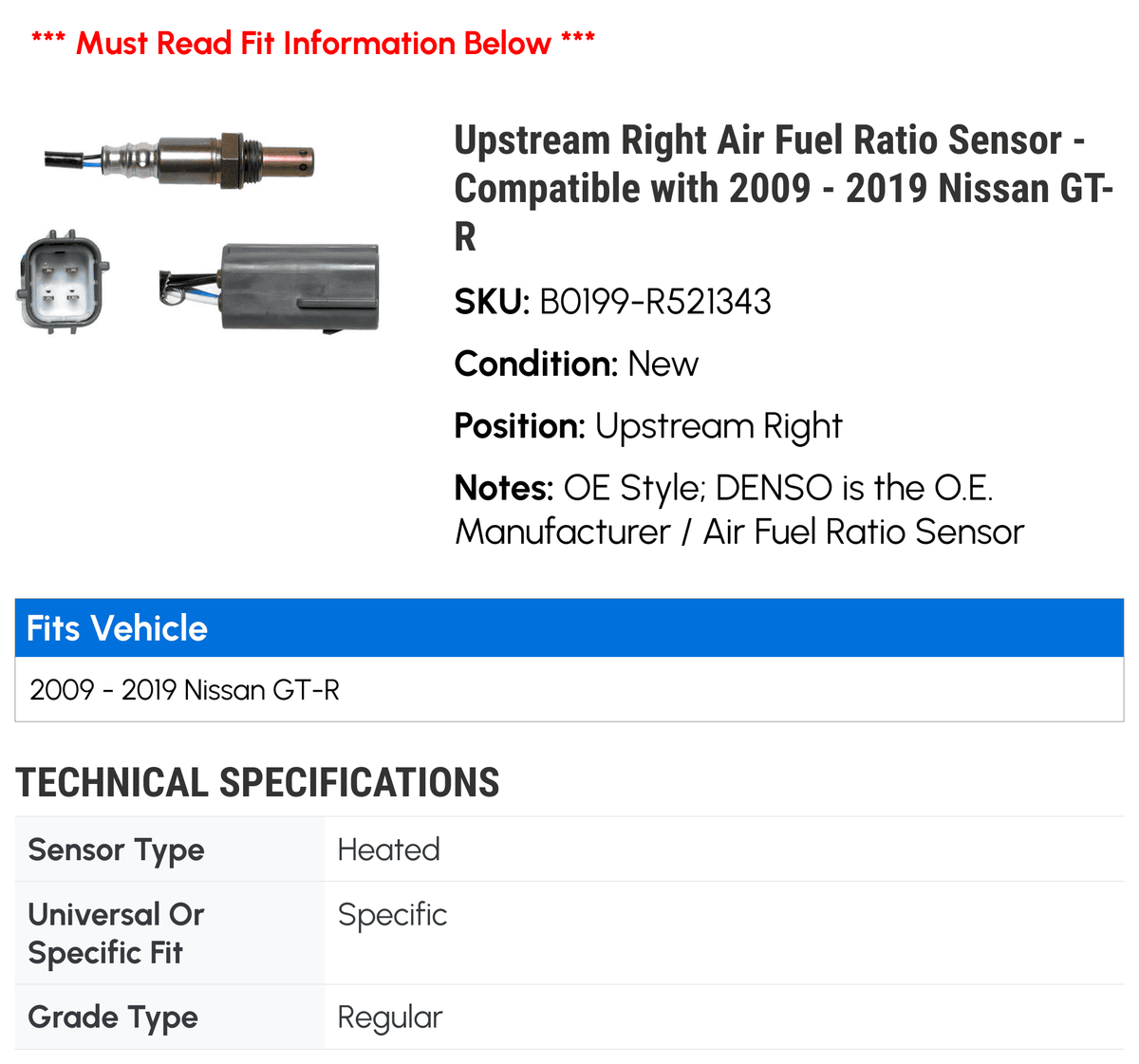Upstream Right Air Fuel Ratio Sensor - Compatible with 2009 - 2019 Nissan GT-R 2010 2011 2012 2013 2014 2015 2016 2017 2018
