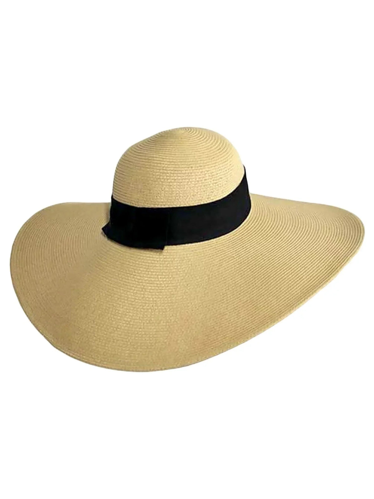 Tan Wide Brimmed Floppy Hat With ebony Ribbon Hat Band