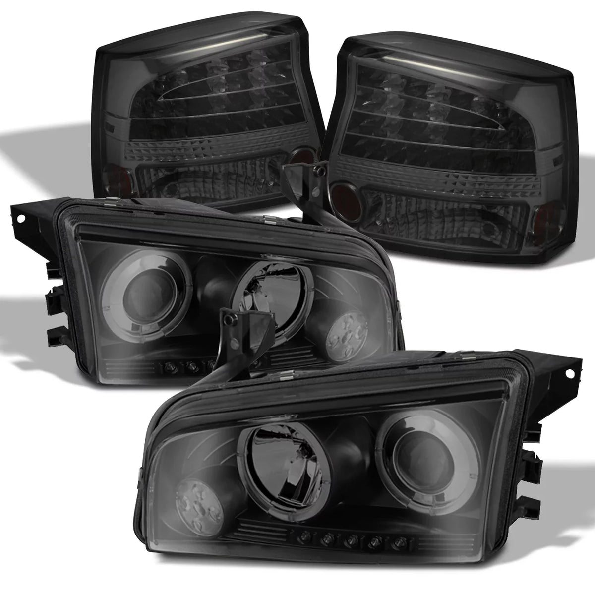AKKON - [LED Tail + Headlights]Fits 2006-2008 Dodge Charger Dual Halo Headlights + Tail Lights in ebony Smoke Housing