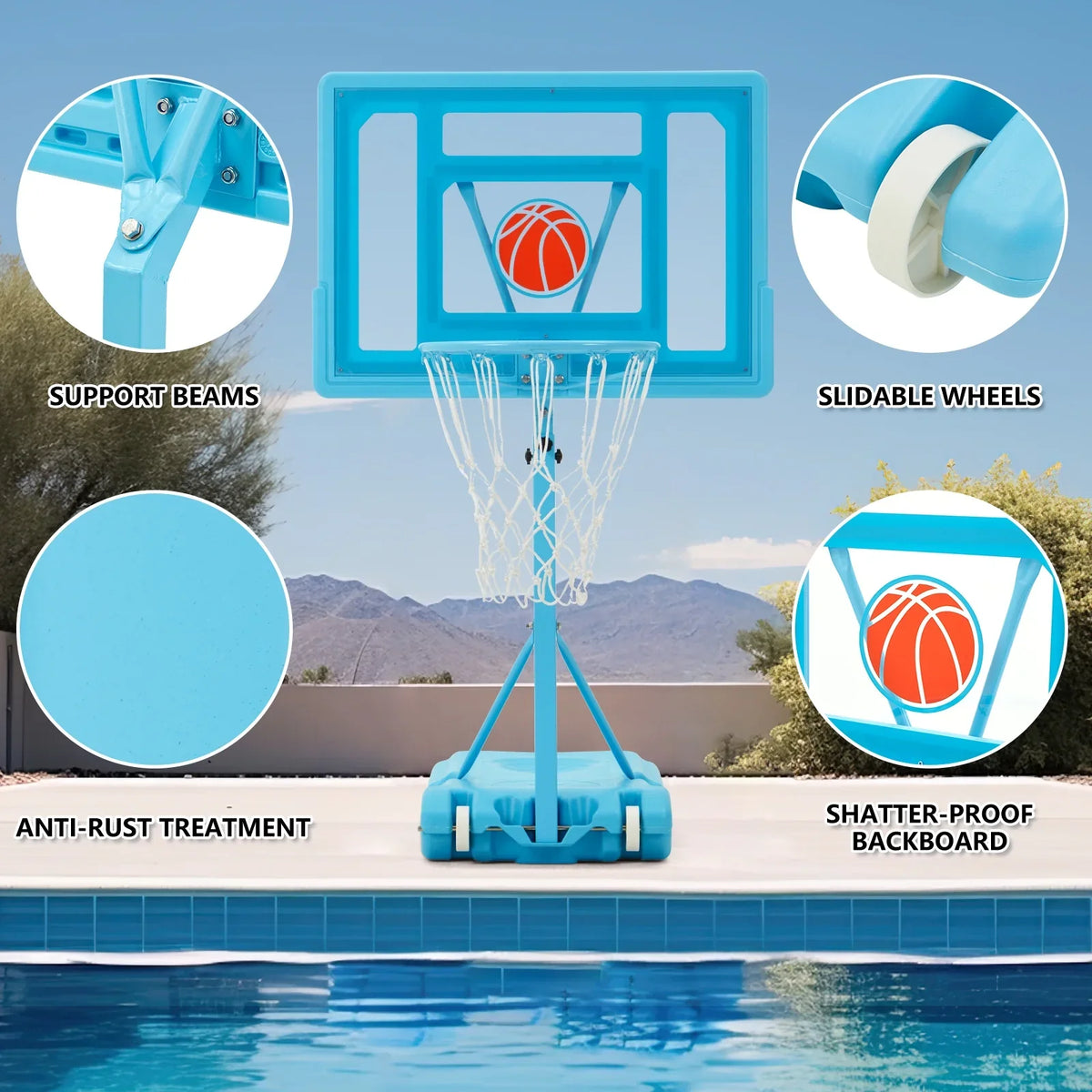 Danrelax 44" Pool Basketball Hoop with 32"x23" polyvinyl chloride Backboard, Size 5 Ball, Blue