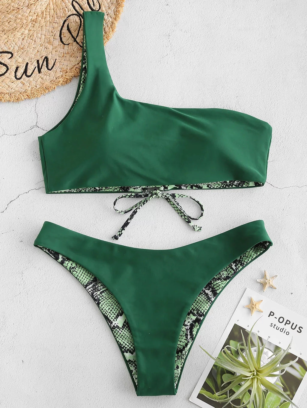 ZAFUL for Women Snakeskin Swimsuit Leopard Print One Shoulder Reversible Bikini Set Medium Forest Green M