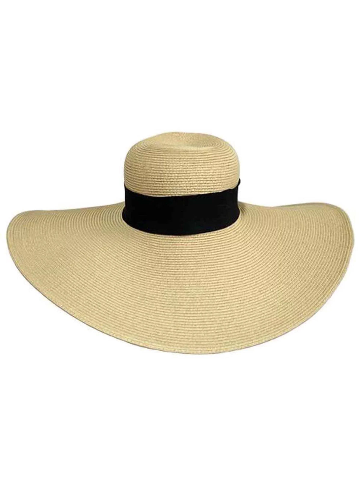 Tan Wide Brimmed Floppy Hat With ebony Ribbon Hat Band