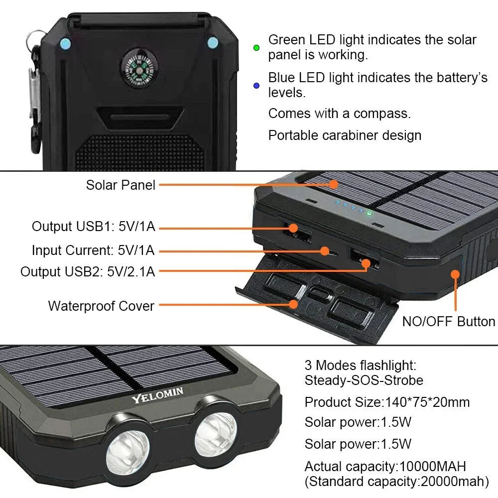 Super 90000000mAh USB Portable Charger Solar Power Bank For Cell Phone dark US