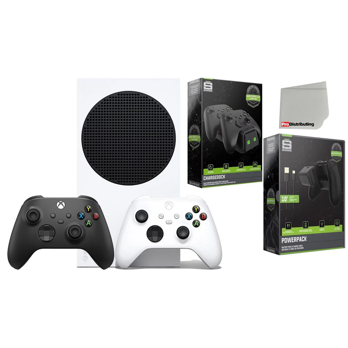 Xbox Series S 512GB Digital Console with Extra Wireless Controller - Carbon dark - Surge CHARGEDOCK Dual Charge Base and Powerpack Battery/Charge Cable Bundle with Microfiber Cleaning Cloth