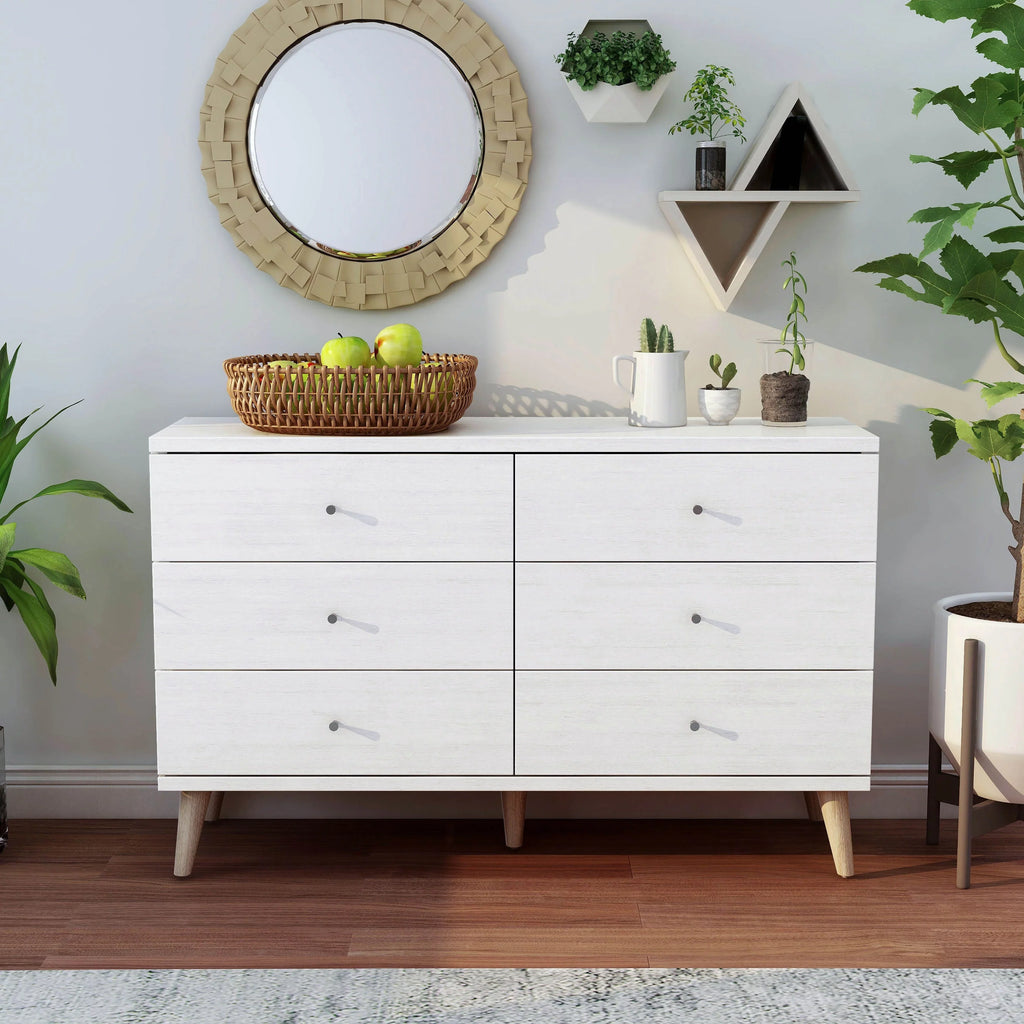 Denhour DH BASIC Mid-Century Modern White 47-1 inch Wide 6-Drawer Dresser with Knobs by