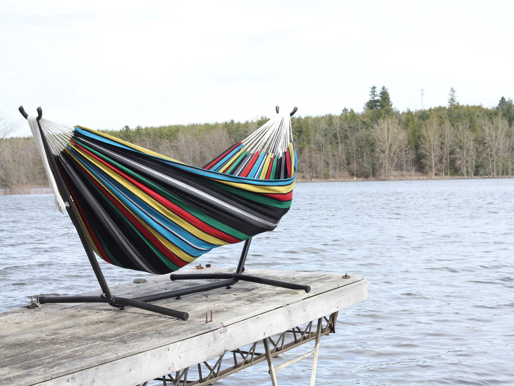 The Hamptons Collection 110” charcoal and Blue Striped Brazilian Style Hammock with a Steel Hammock
