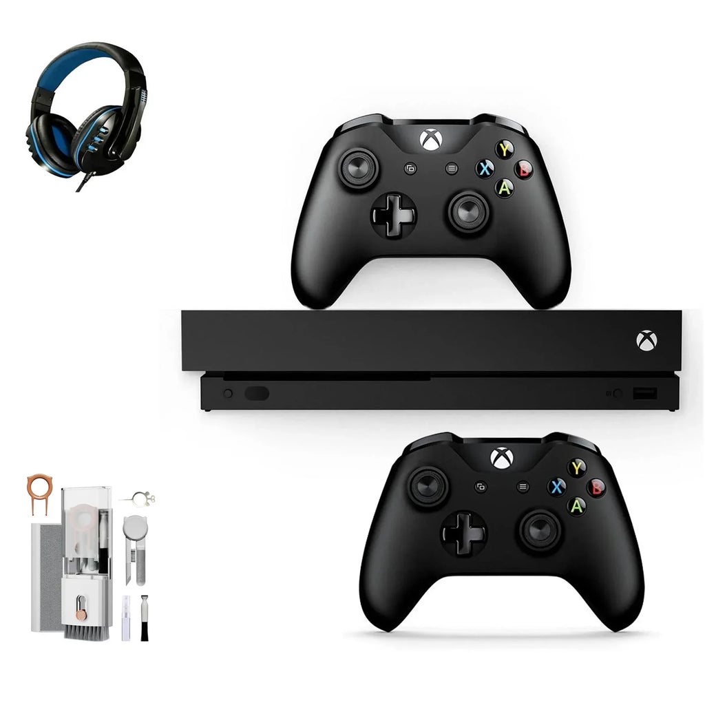 Pre-Owned  Xbox One X 1TB with 2 Controller, 4K Ultra HD ebony with BOLT AXTION Cleaning Kit Headset Bundle (Refurbished: Like New)