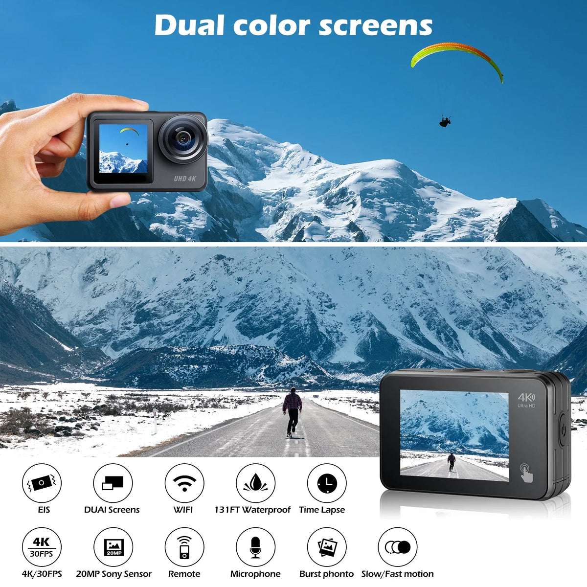 Campark 4K 30FPS Action Camera 20MP Sports Camera Waterproof Underwater Camera WiFi Touch Screen Vlog Camera GoPro Compatible Accessories Kits