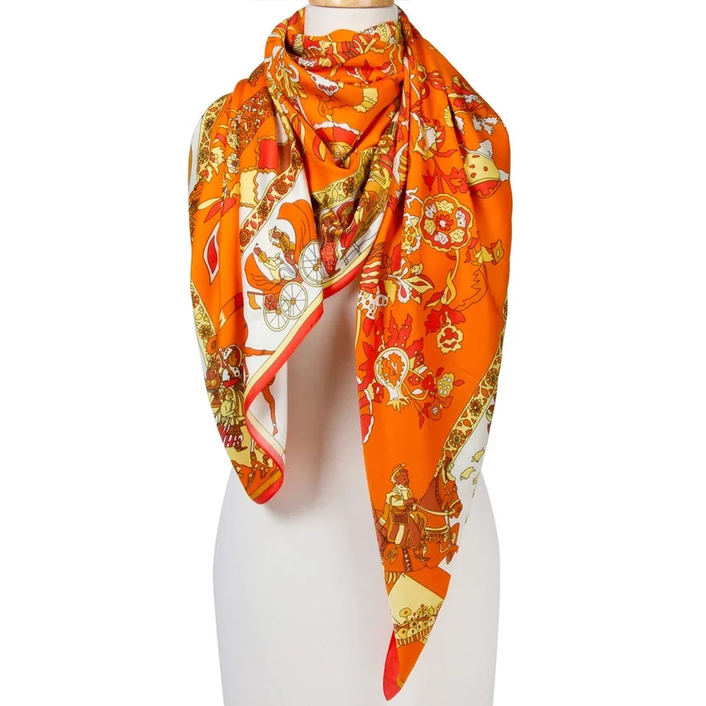 Orange Square Shawl Silk Feeling Polyester Scarfs Cotton For Womens