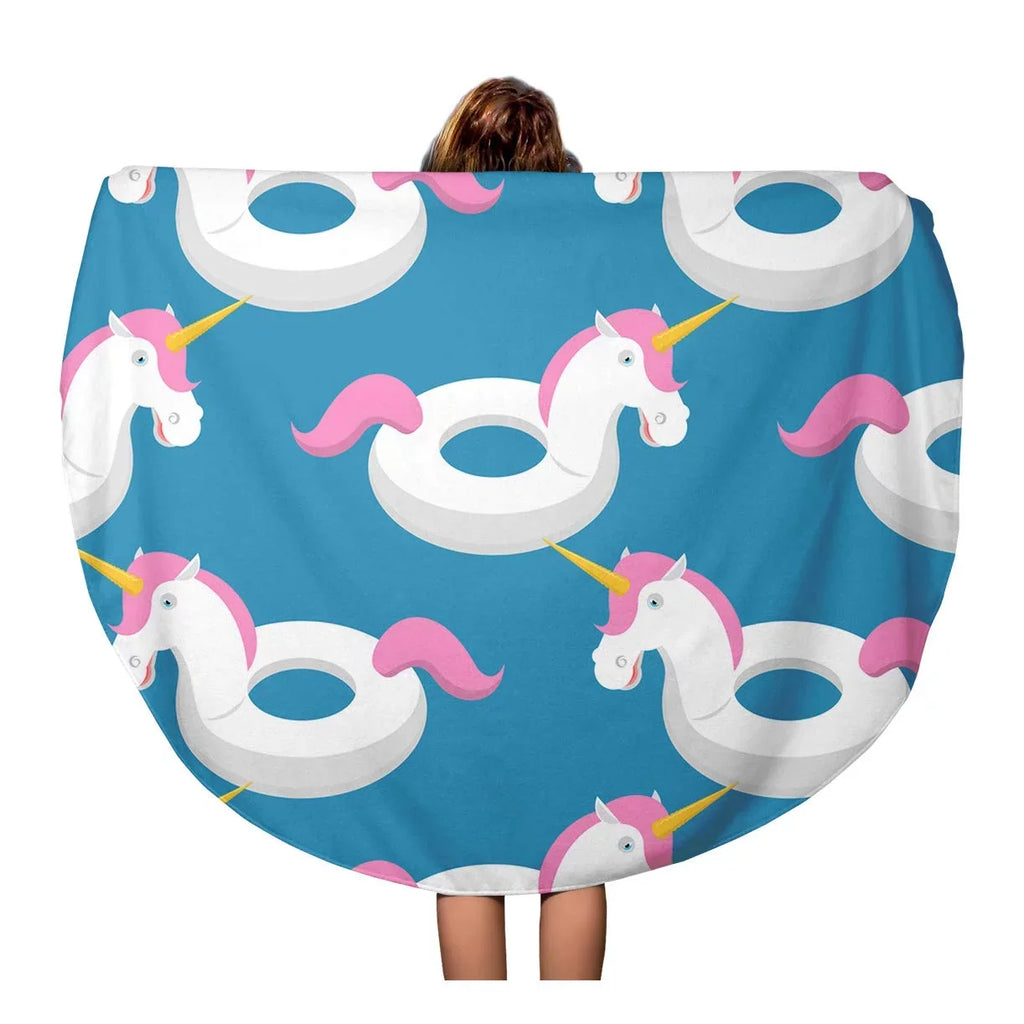 KDAGR 60 inch Round Beach Towel Blanket Blue Inflatable Unicorn Pattern Magic Beast Toy for Swimming Travel Circle Circular Towels Mat Tapestry Beach Throw