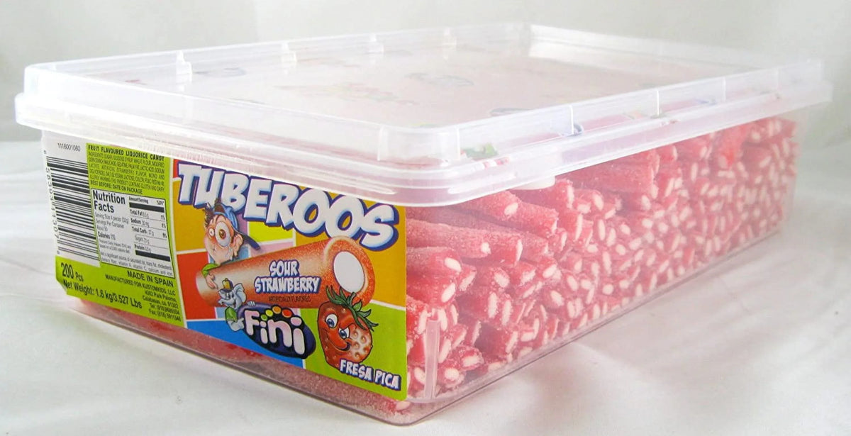 '- 200 Pieces Tub. Tuberoos Red Color White Fondant Filled Sour Licorice Sticks, Strawberry Artificially Flavor