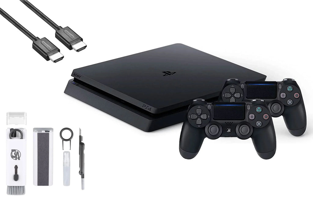 2215B PlayStation 4 Slim 1TB Gaming Console ebony, HDMI Cable 2 Controller With BOLT AXTION Cleaning Kit Bundle Like New