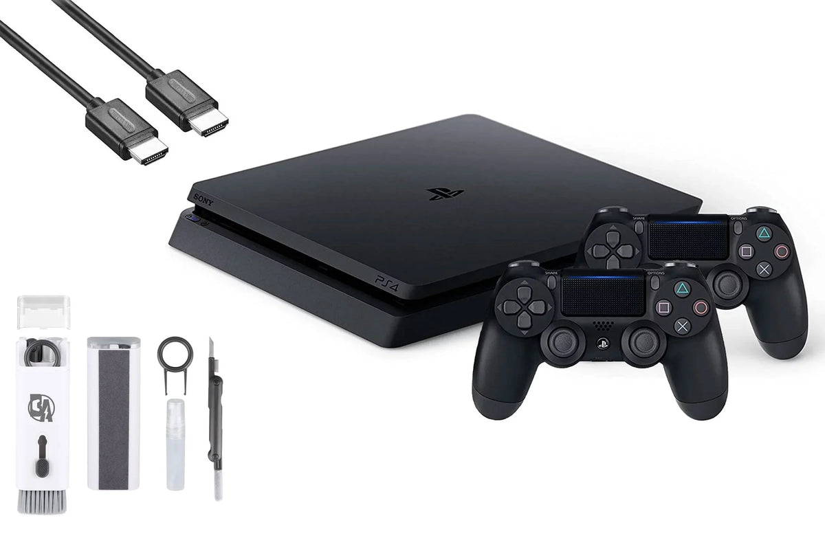 2215B PlayStation 4 Slim 1TB Gaming Console ebony, HDMI Cable 2 Controller With BOLT AXTION Cleaning Kit Bundle Like New