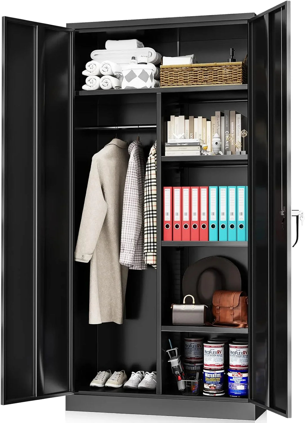 HOOMHIBIU Metal  Cabinets Locker with Locking Door  72'' Clothing Coat Steel Wardrobe Cabinet with Lock and Shelves for Office  Home  Garage  Employee  Freestanding (ebony)