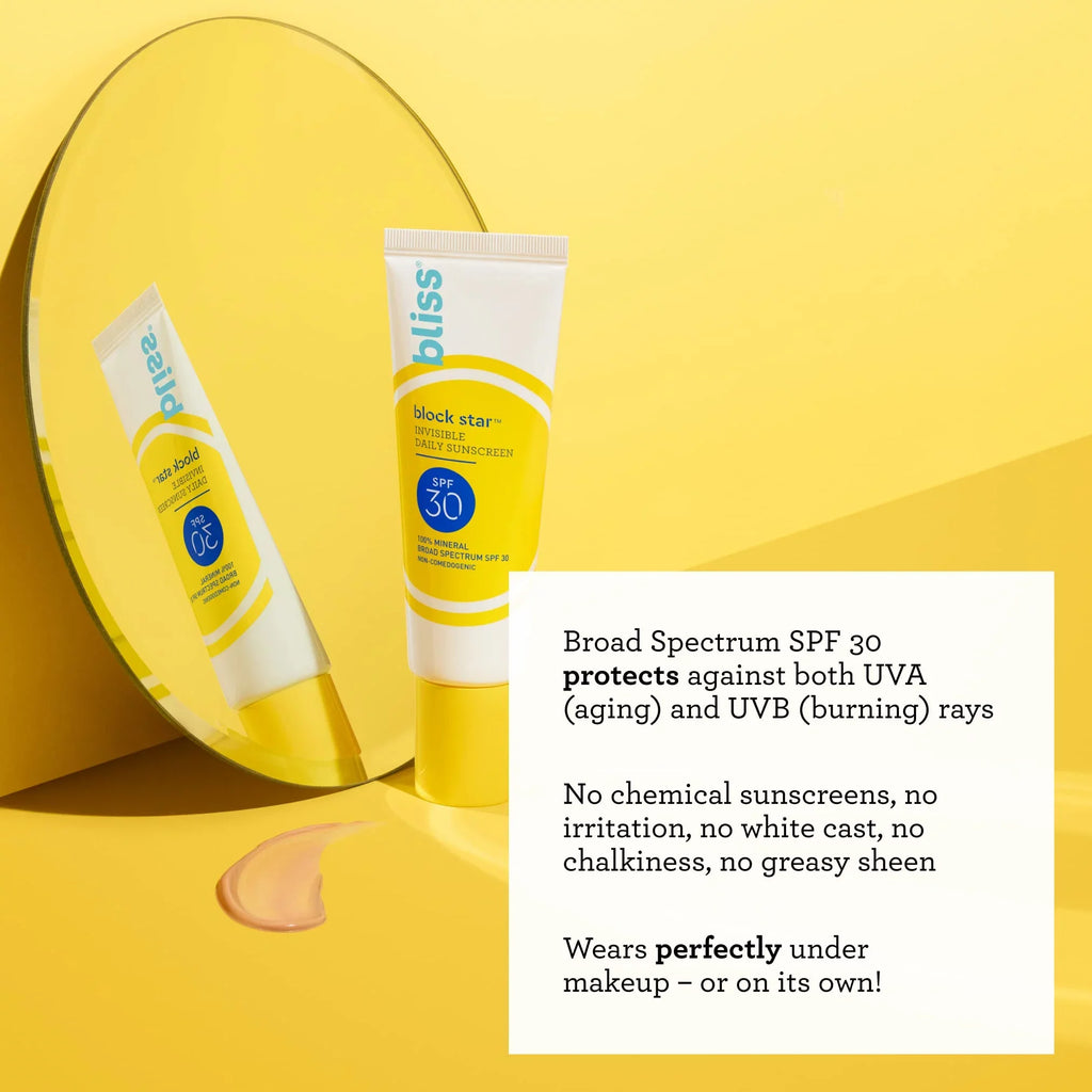'- 100% Mineral Broad Spectrum Sunscreen With Zinc Oxide & Titanium Dioxide - Non Greasy Invisible Finish.. Bliss Block Star Tinted Face Sunscreen Spf 30-1.4 Fl Oz