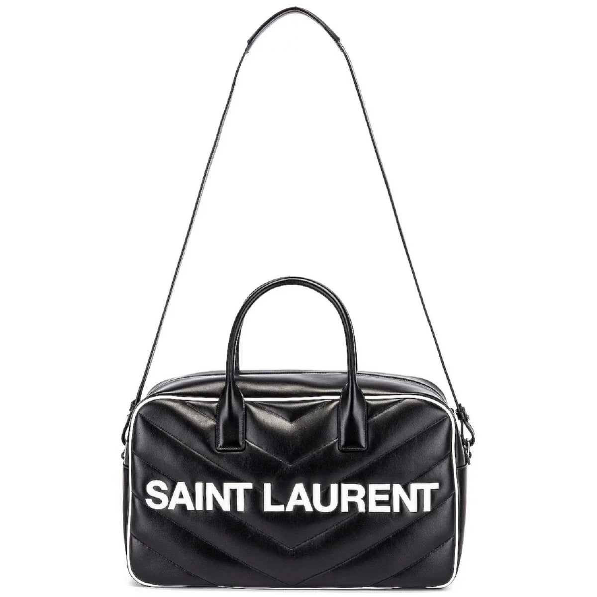 New Saint Laurent Miles Logo dark Calf Leather Duffel Bowling Bag 525145