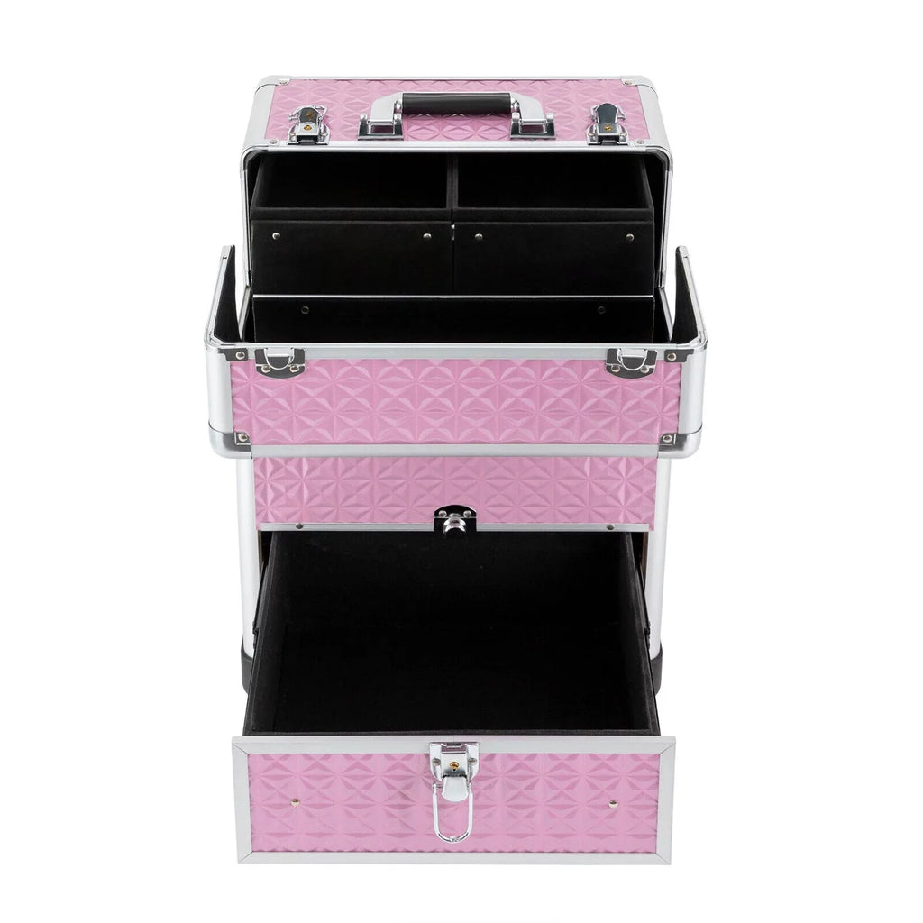 MIDUO Professional Makeup Trolley Lockable Nail Embroidery Hair Styling Tools Storage Box with Drawers Pink