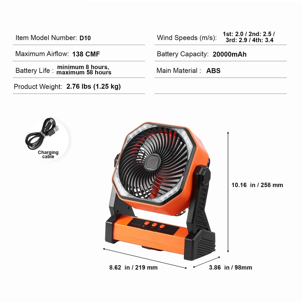 SKYSHALO 8 1 inch Portable Fan Rechargeable with LED Lantern 4 Speeds Adjustable