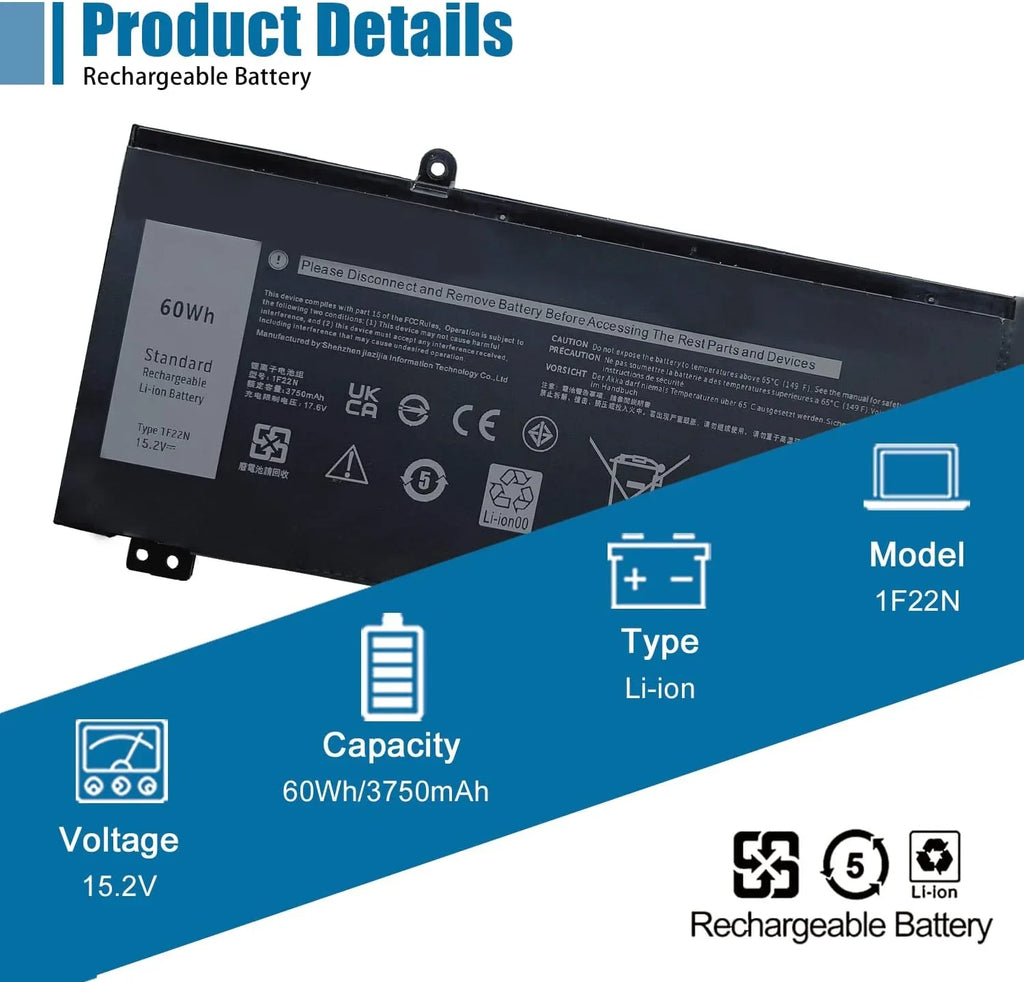 1F22N Laptop y, 15.2V 60Wh 3750mAh 4-Cell Compatible with  Alienware M15 M17 R1 G7 7590 7790 G5 5590-D2783W
