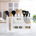 Pantry Picks Farmhouse Wooden Flatware & Utensils Caddy Condiment Organizer W Cutout Handle & Compartments For Kitchen Décor Countertop Breakfast BBQ Events Picnic, Wht Wash