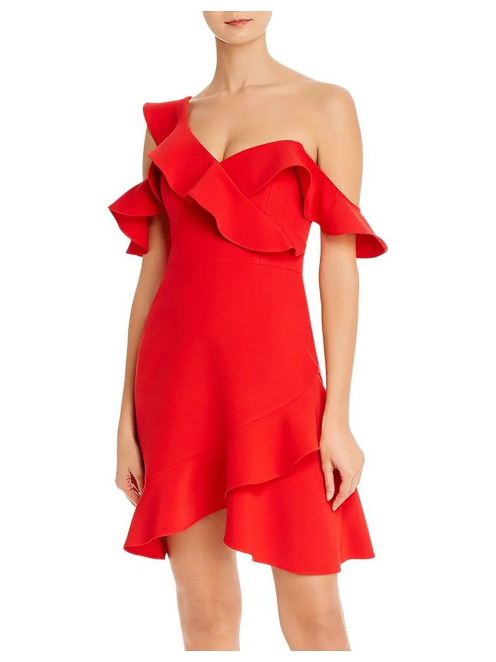 BCBG MAXAZRIA Womens Red Cold Shoulder Asymmetrical Neckline Short Party Fit + Flare Dress 12
