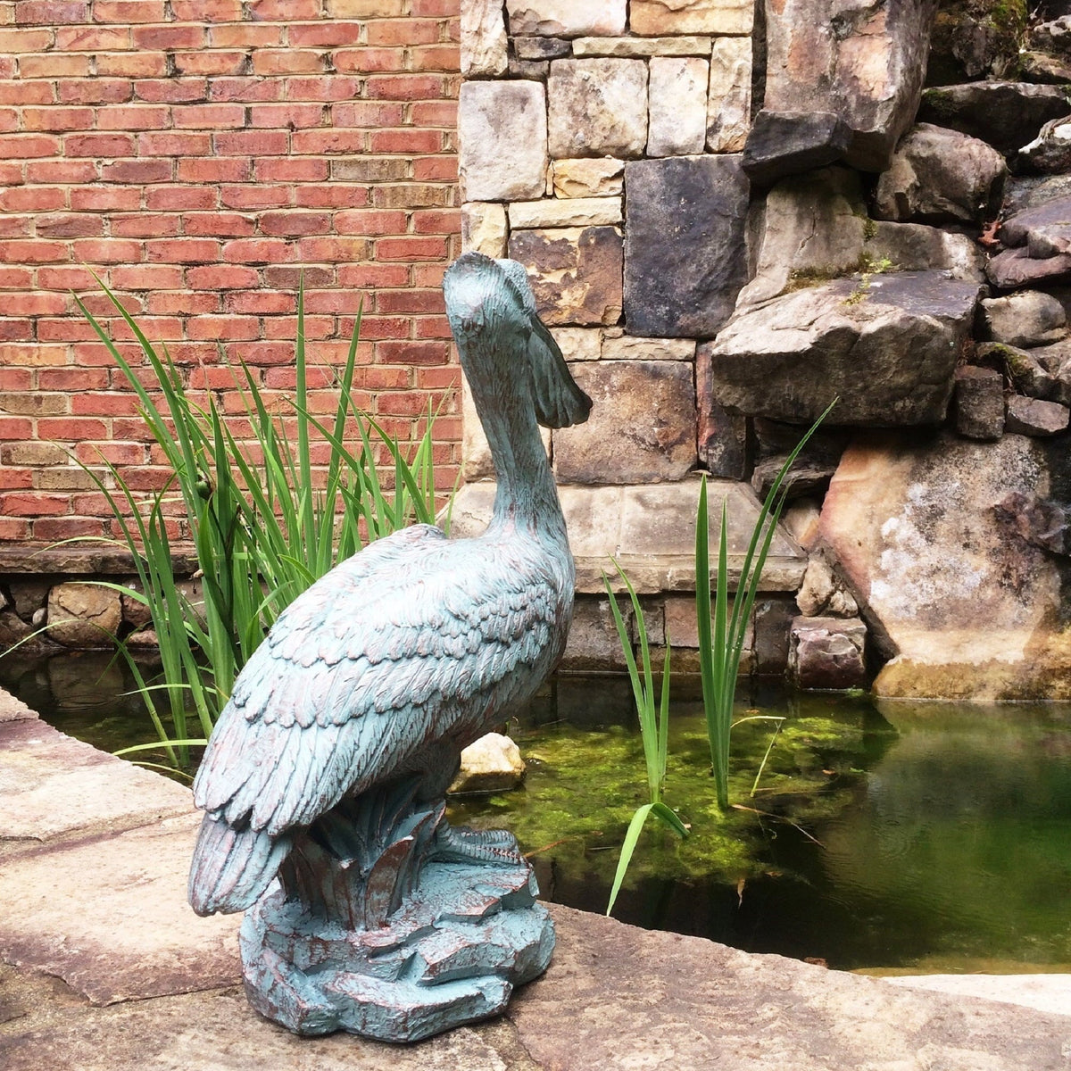 Bronze Patina Pelican on Coastal Rock Nautical Beach Statue. Homestyles 20 in