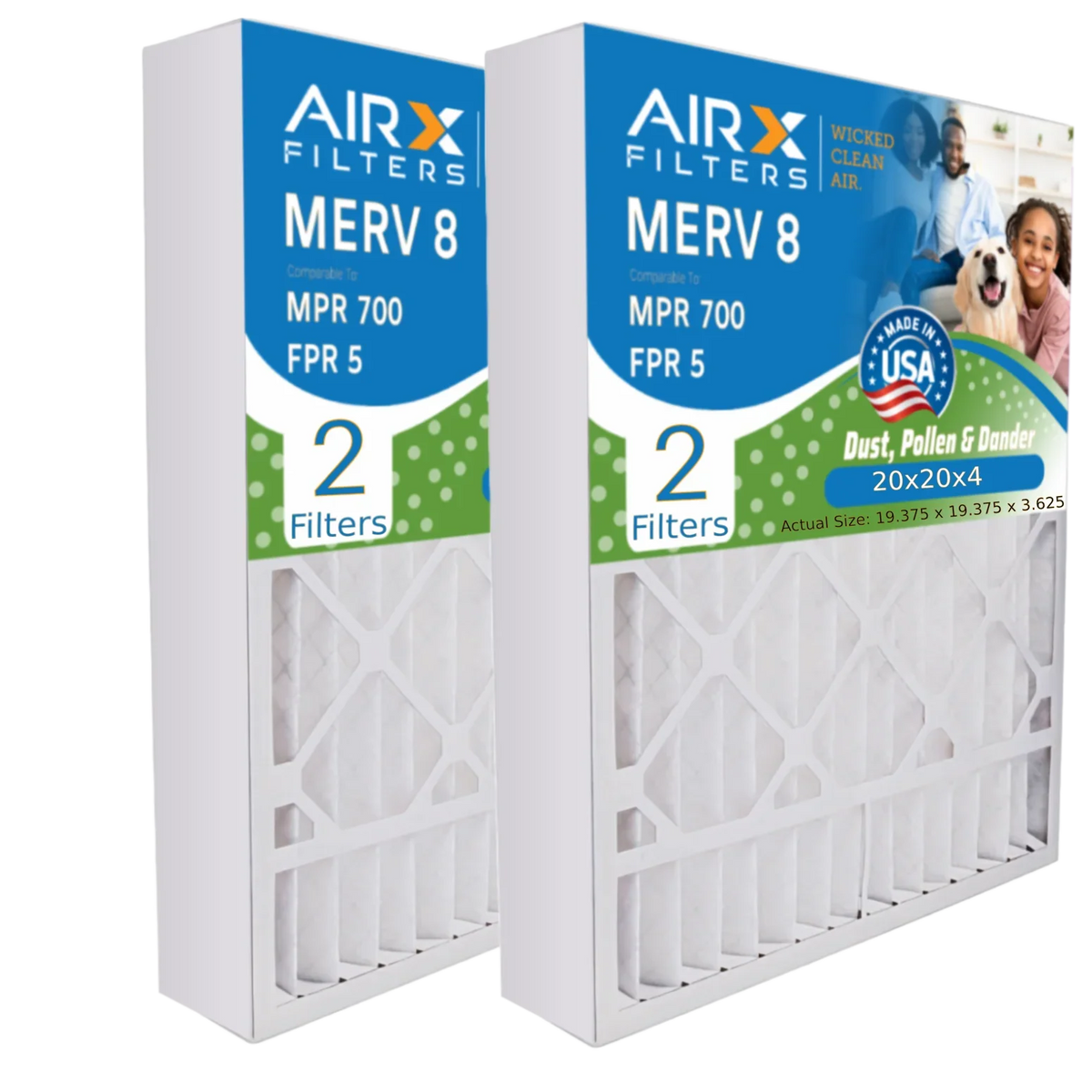 20x20x4 Air Filter MERV 8 Comparable to MPR 700 & FPR 5 Premium USA Made 20x20x4 Furnace Filter 2 Pack AC HVAC Filters by AIRX FILTERS WICKED CLEAN AIR.
