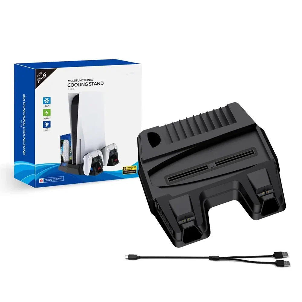 PS5 Cooling Stand Base with Charging, Disc Storage, and Multi-Functional Fan - Enhanced Cooling and Charging Dock for PlayStation 5 Digital and Disc Versions Console-dark