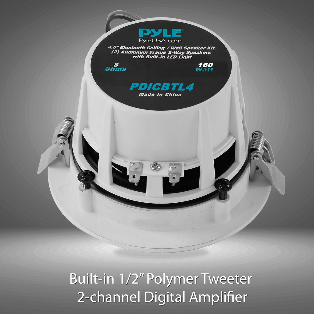 PYLE-HOME PDICBTL4 - 4’’ Bluetooth Ceiling / Wall Speakers, 2-Way Aluminum Frame Speaker Pair with Built-in LED Lights
