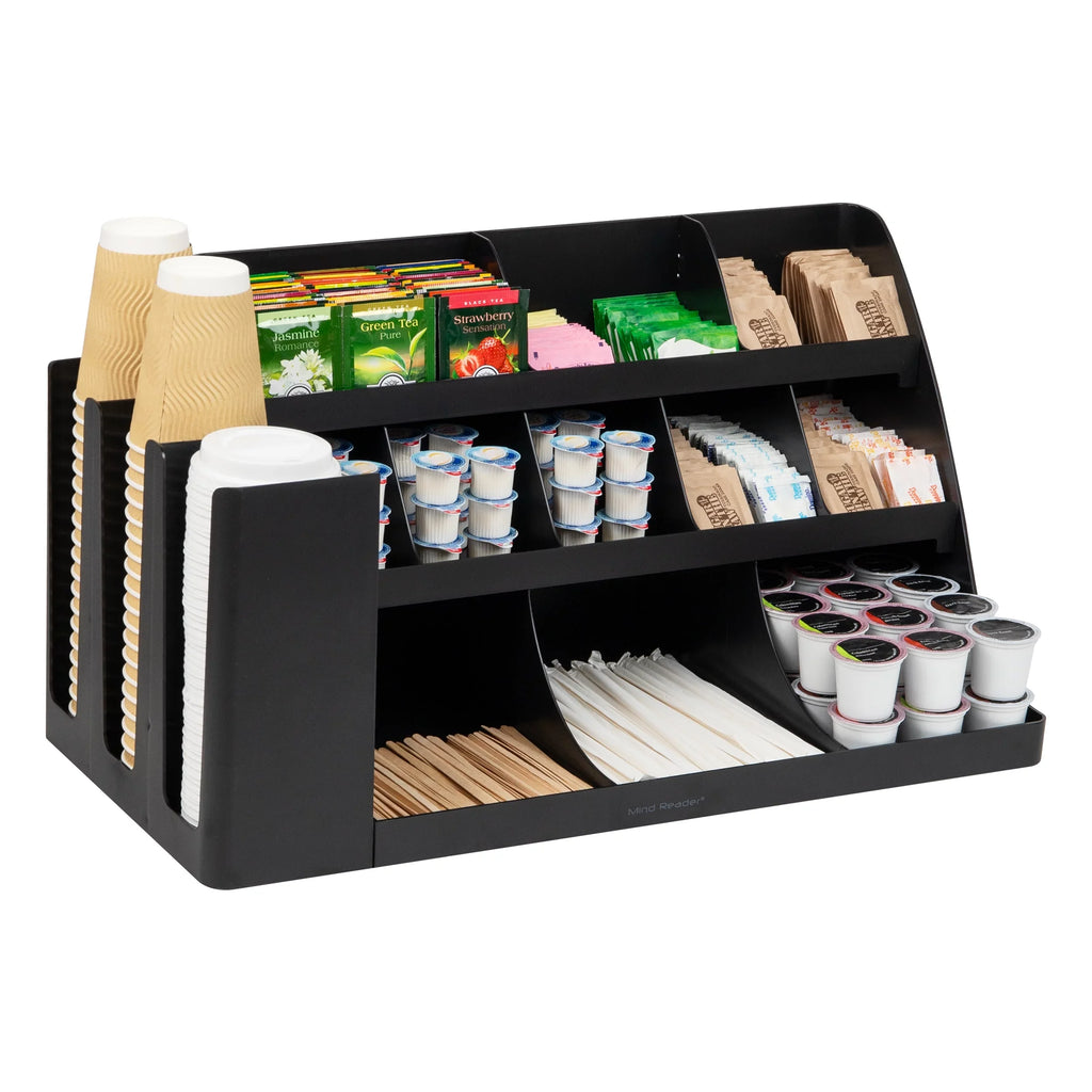 Mind Reader Cup and Condiment Station, Countertop Organizer, Coffee Bar, Kitchen, Stirrers, charcoal