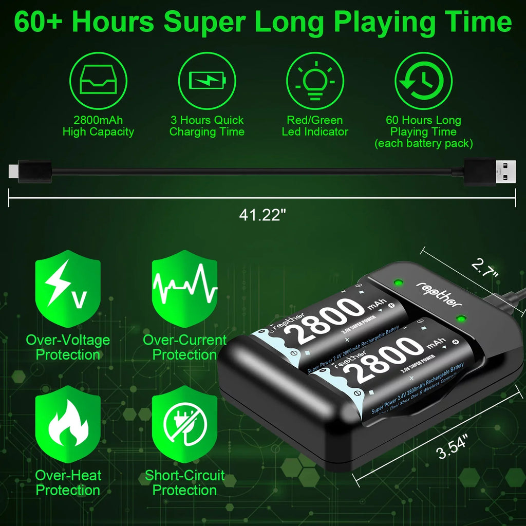 Rapthor 2800 mAh Controller Battery Pack for Xbox One/Xbox Series X/Xbox One S/Xbox One X/Xbox One Elite, 4 x 2800 mAh Rechargeable Battery