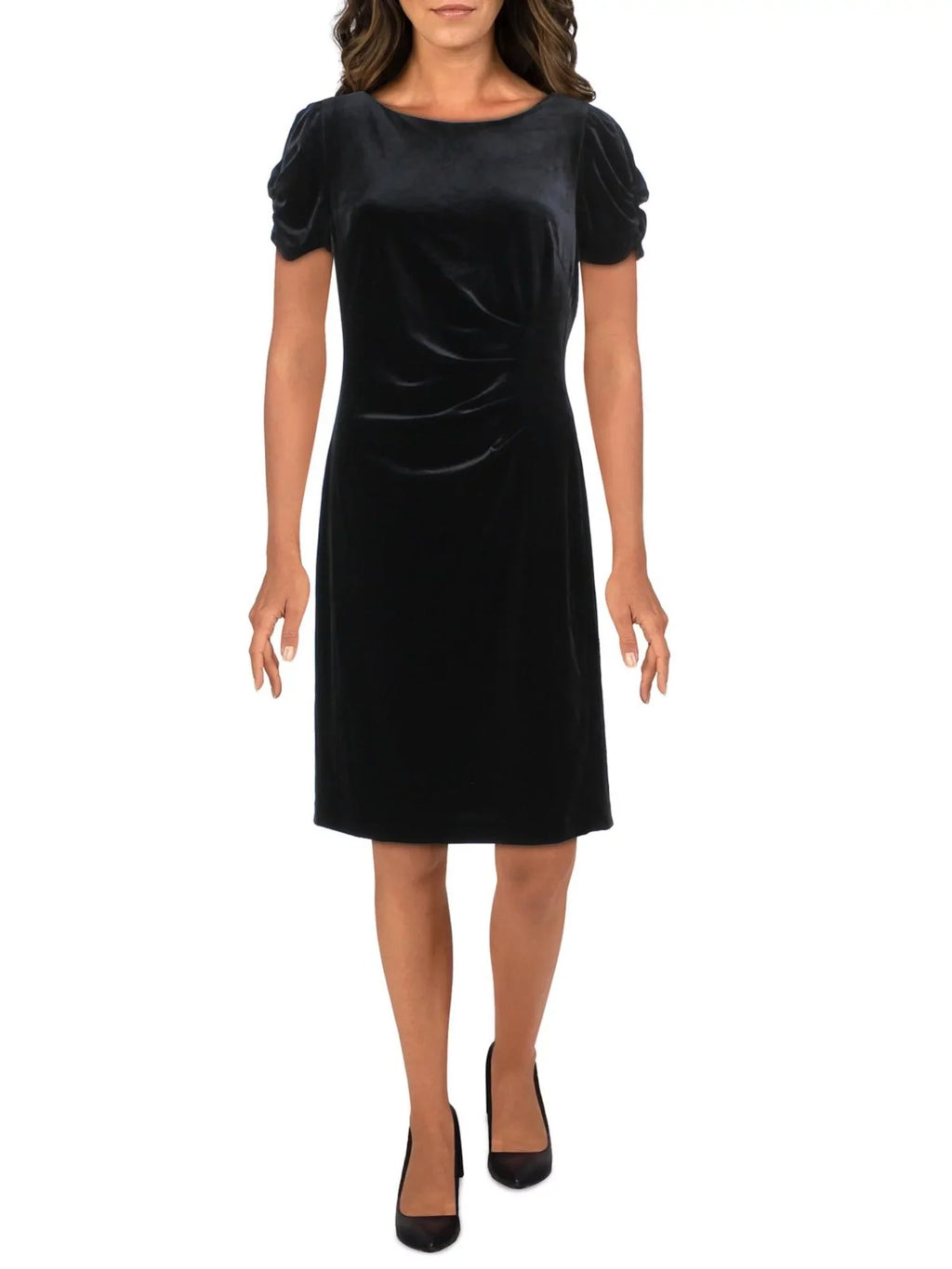 KARL LAGERFELD Womens dark Zippered Ruched Pouf Sleeve Round Neck Above The Knee Party Fit + Flare Dress 8