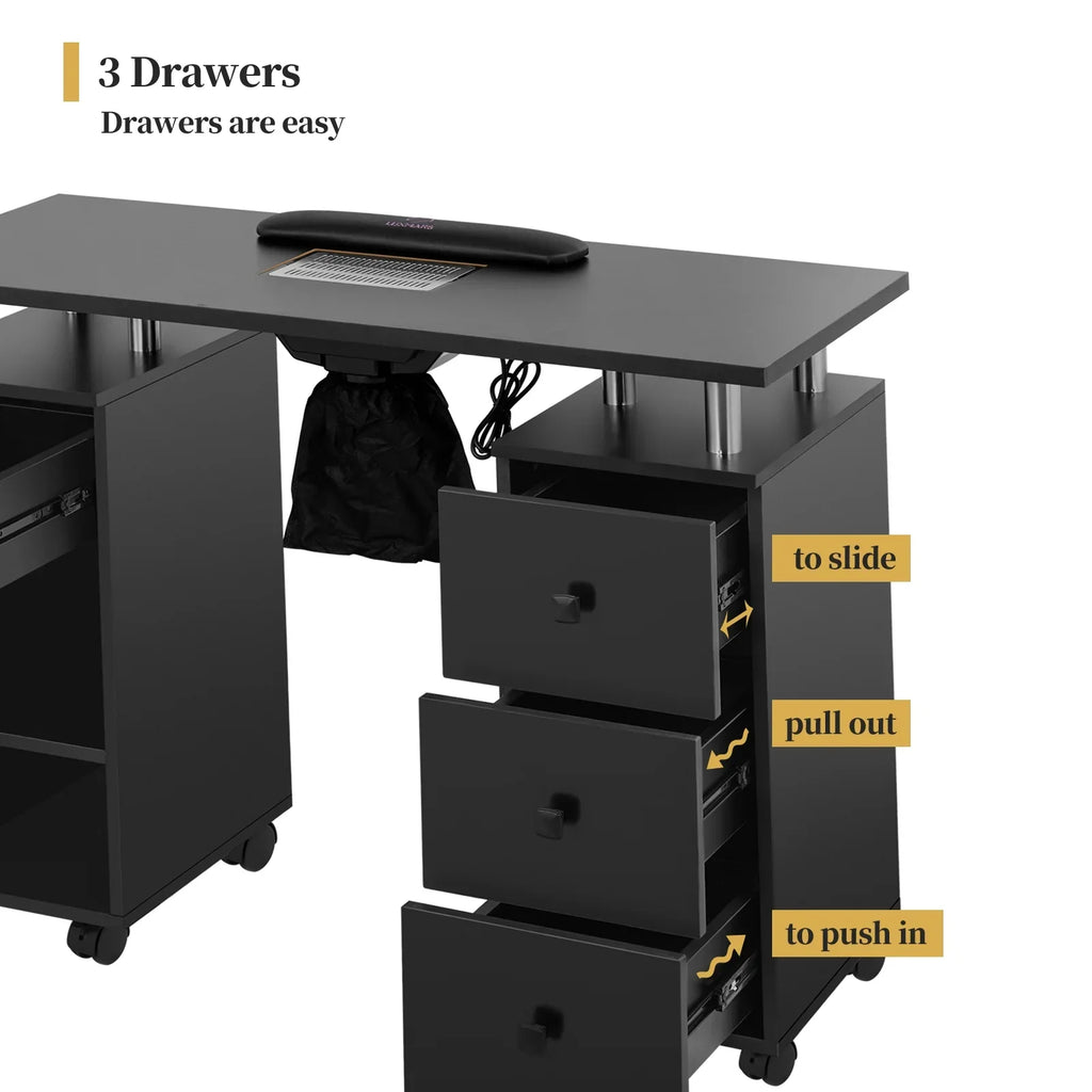 LUXMARS Manicure Table Nail Desk for Technician, Nail Table w/ Electric Dust Collector & Wrist Rest Cushion, Acetone Resistant Nail Table Station w/Lockable Wheels & Drawers & Cabinet - charcoal