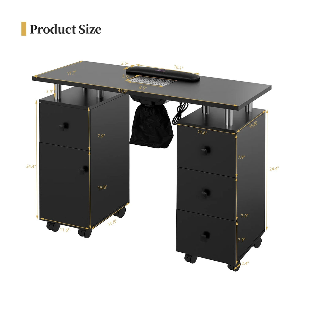 LUXMARS Manicure Table Nail Desk for Technician, Nail Table w/ Electric Dust Collector & Wrist Rest Cushion, Acetone Resistant Nail Table Station w/Lockable Wheels & Drawers & Cabinet - charcoal