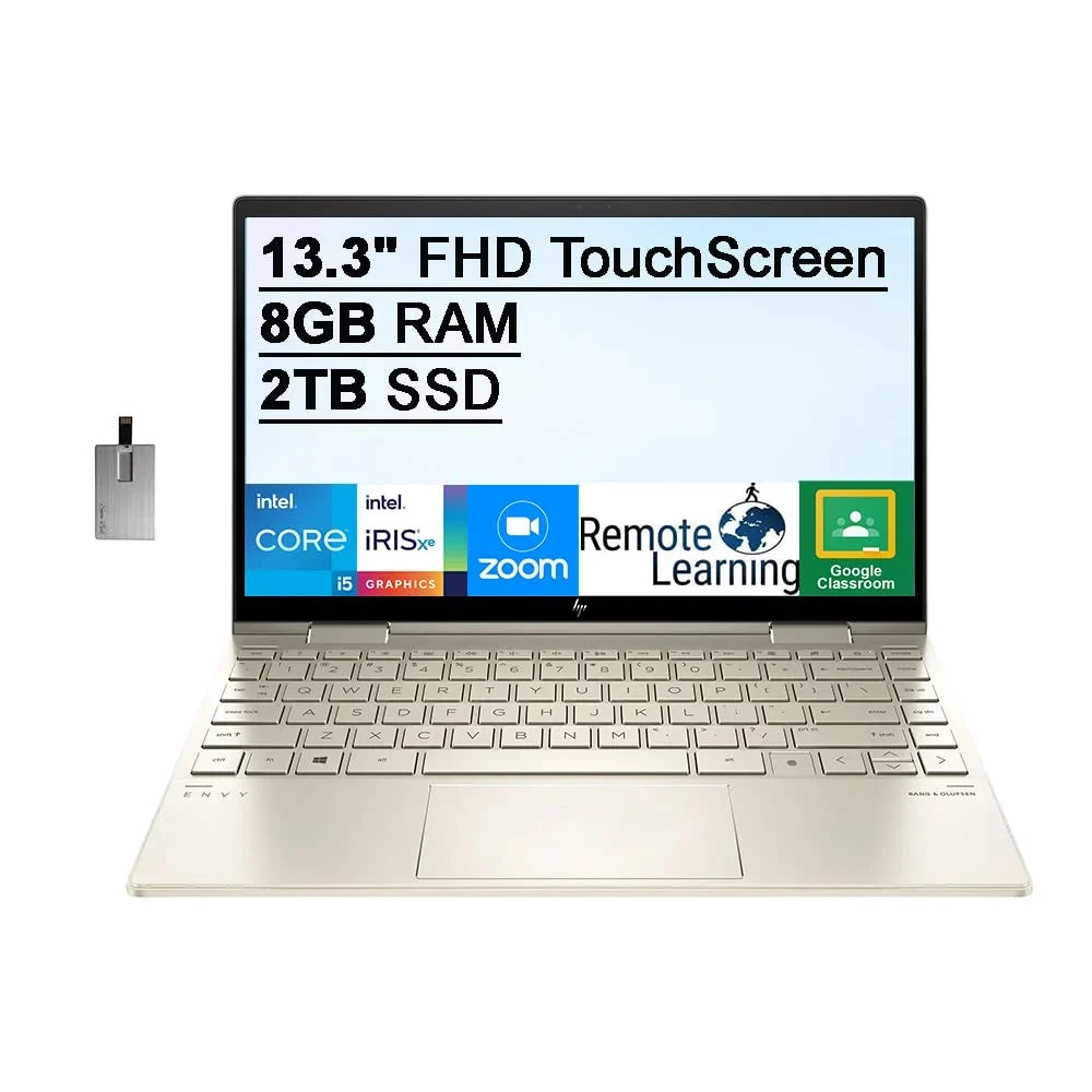 2021 Envy X360 2-in-1 13.3" FHD Touchscreen Laptop,  Core i5-1135G7 (Beats i7-1065g7), 8GB RAM, 2TB PCIe SSD, Backlit Keyboard, Iris Xe Graphics, Webcam, Windows 11, Gold, 32GB USB Card