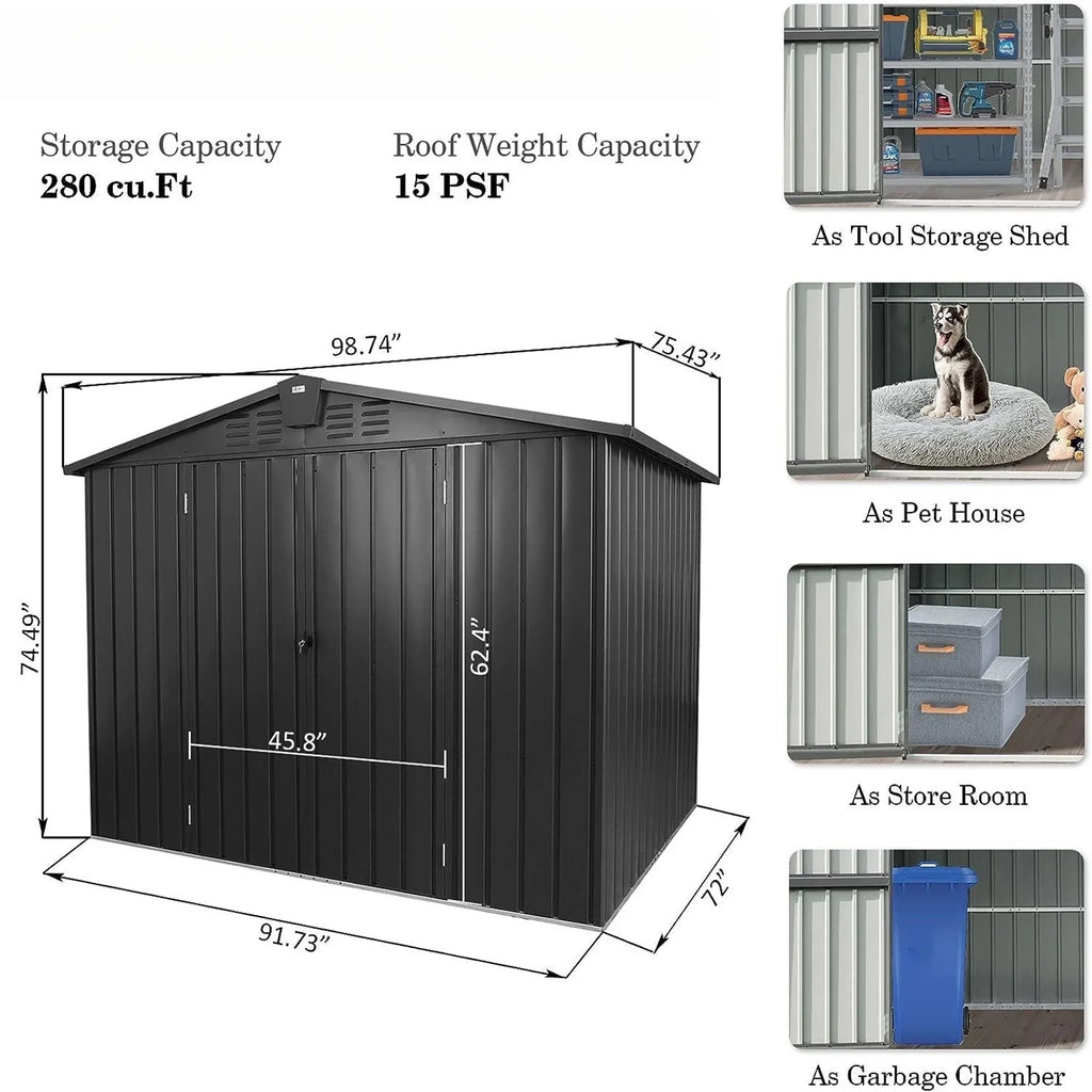 Capri 8.2'x 6.2' Outdoor Storage Shed, Metal Garden Shed for Bike, Trash Can, Galvanized Steel Outdoor Storage Cabinet with Lockable Door for Backyard, Patio, Lawn, dark