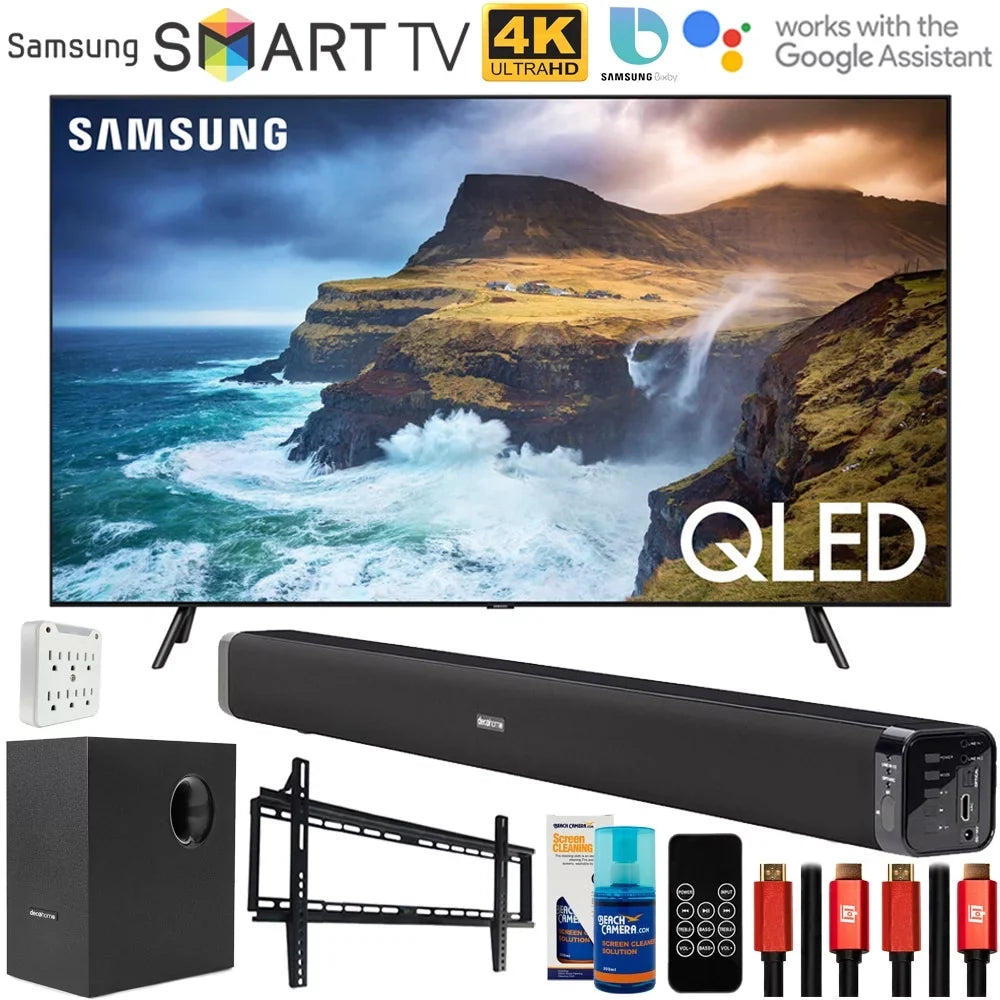 QN65Q70RAFXZA 65 inch Q70 QLED Smart 4K UHD TV 2019 Model Bundle with 60W Soundbar with Subwoofer, 2x HDMI Cable, 6-Outlet Surge Adapter, Flat Wall Mount Kit and Screen Cleaner