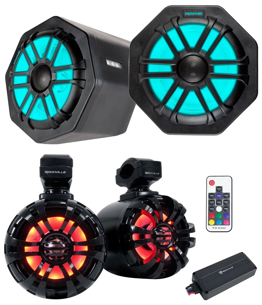 (2) Memphis Audio GEN65FE Pods+LED Tower Speakers+Amp For 2016+ Polaris General