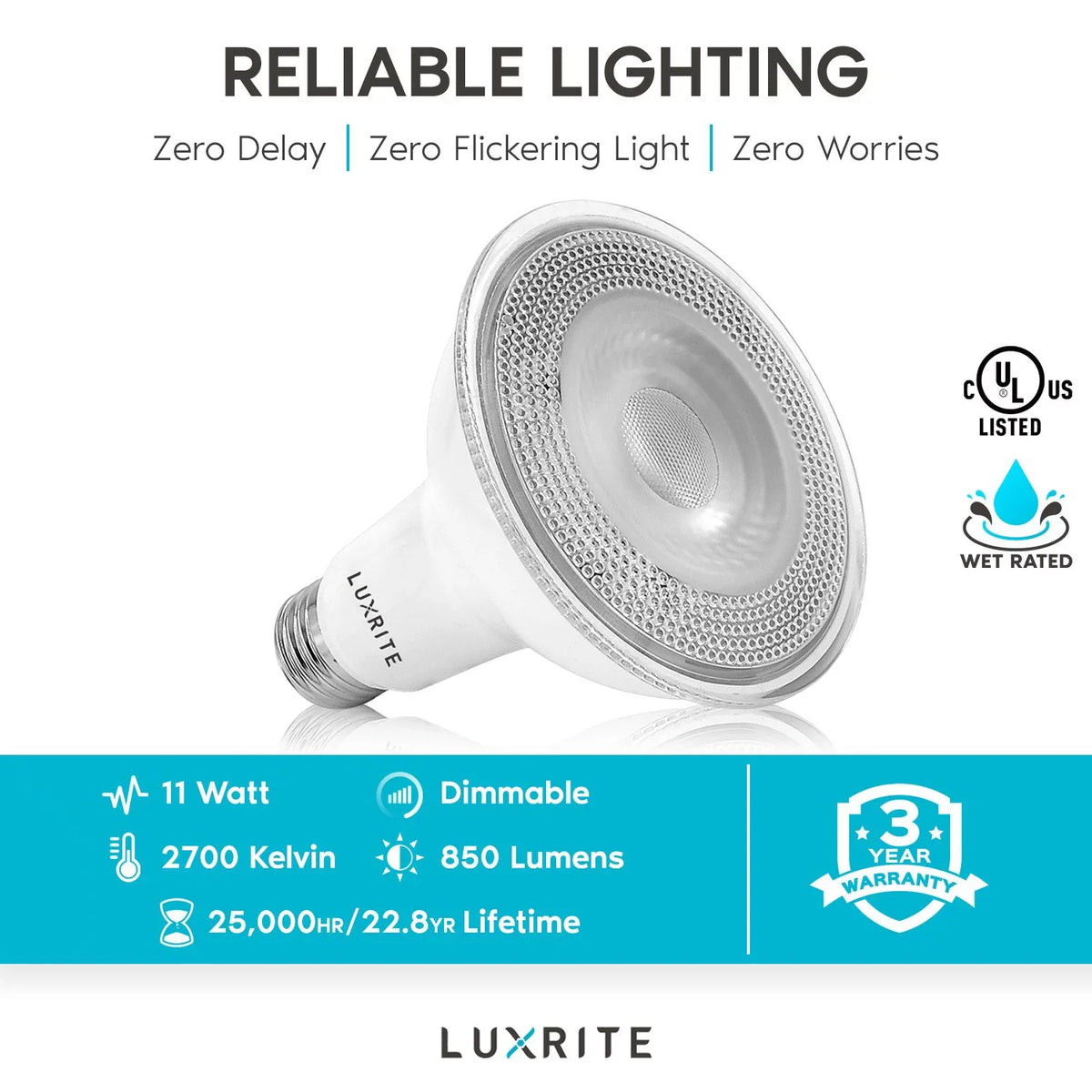 Luxrite 6-Pack LED PAR30 Flood Light Bulb 2700K Warm White 850 Lumens 11W Dimmable Wet Rated E26 Base UL Listed