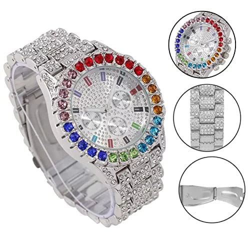 Iced Out Colourful Rainbow Flame Collection (ST10327CO-ZZ SLV). Charles Raymond Iced Out Mens Color on Blast Watch Single or Combo Sets with Blinged Out Bracelets Set