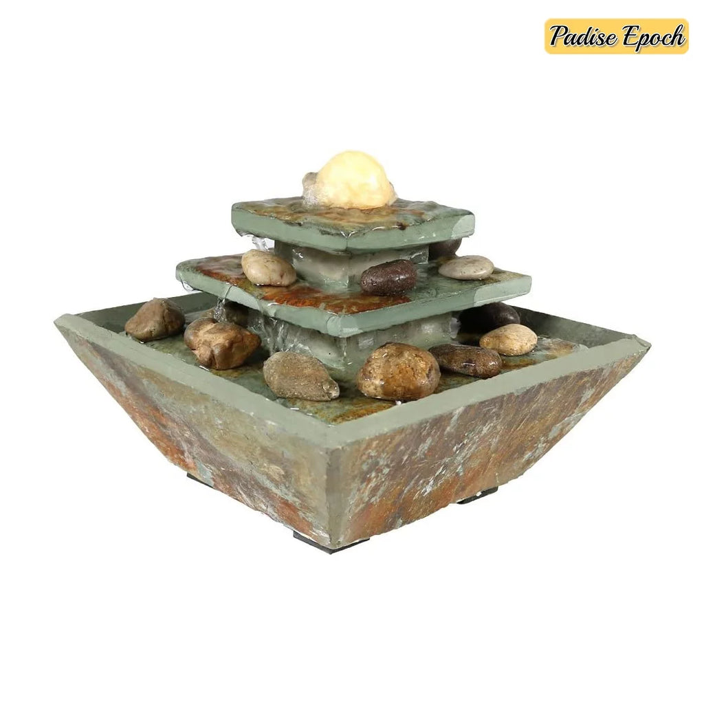 Ascending Slate Tie Tabletop Water Fountain with LED Light and Polished Stone Ball - Corded Electric - Home Decor Accent for Office, Bedroom or Living Room - 8 inch