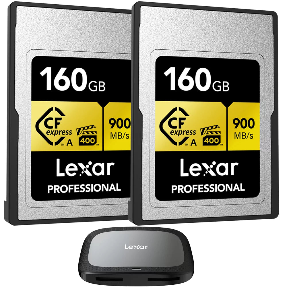 Lexar CFexpress Type A Pro Gold R900/W800 Memory Card, 160GB (2-Pack) Bundle with Lexar Professional CFexpress Type A/SD USB 3.2 Gen 2x2 Reader