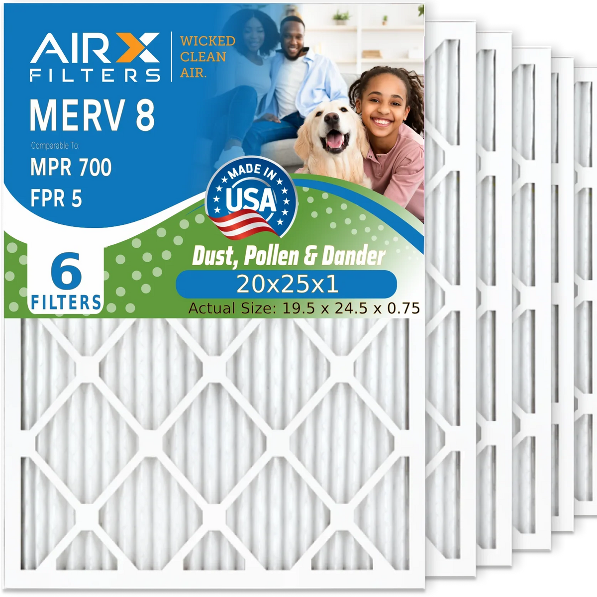 20x25x1 Air Filter MERV 8 Comparable to MPR 700 & FPR 5 Electrostatic Pleated Air Conditioner Filter 6 Pack HVAC AC Premium USA Made 20x25x1 Furnace Filters by AIRX FILTERS WICKED CLEAN AIR.