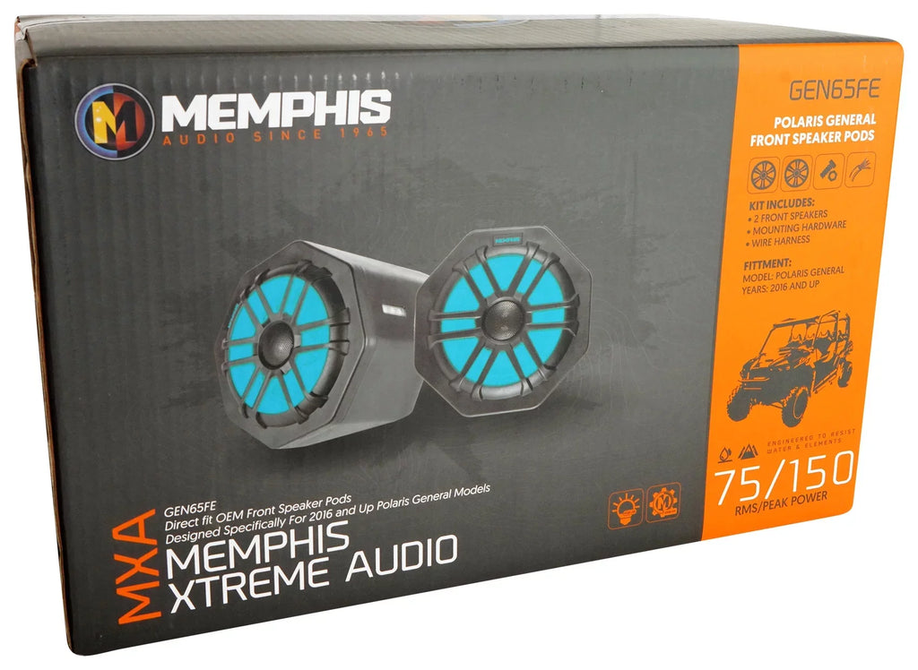 (2) Memphis Audio GEN65FE Pods+LED Tower Speakers+Amp For 2016+ Polaris General