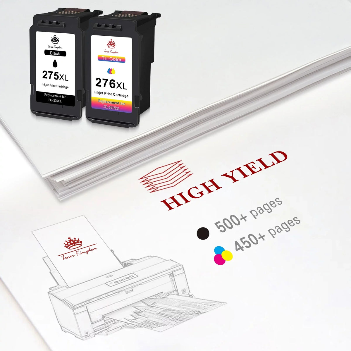 Toner Kingdom PG-275 CL-276 Ink Cartridges for  Ink 275 and 276 High Capacity 275XL 276XL Ink Cartridges for PIXMA TS3520 TS3522 TS3500 TR4720 TR4722 TR4700 Printers (2 ebony, 1 Color)