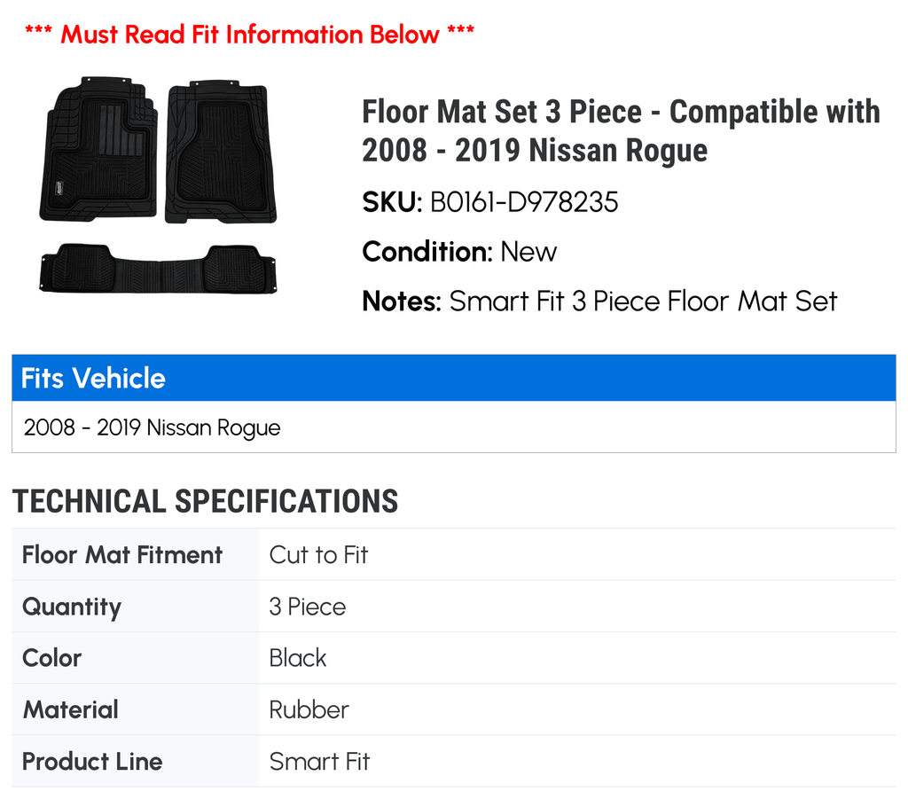 Floor Mat Set 3 Piece - Compatible with 2008 - 2019 Nissan Rogue 2009 2010 2011 2012 2013 2014 2015 2016 2017 2018